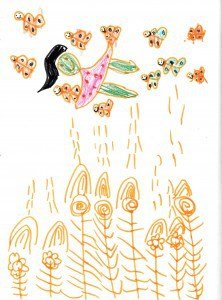 Girl flying over flowers with fairies or butterflies