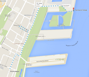 Walking route to view to clock tower from Hotel Nelligan