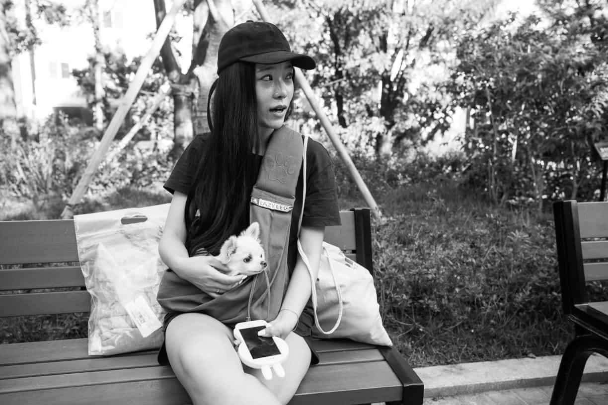 South Korean girl with dog and bunny ear phone on park bench