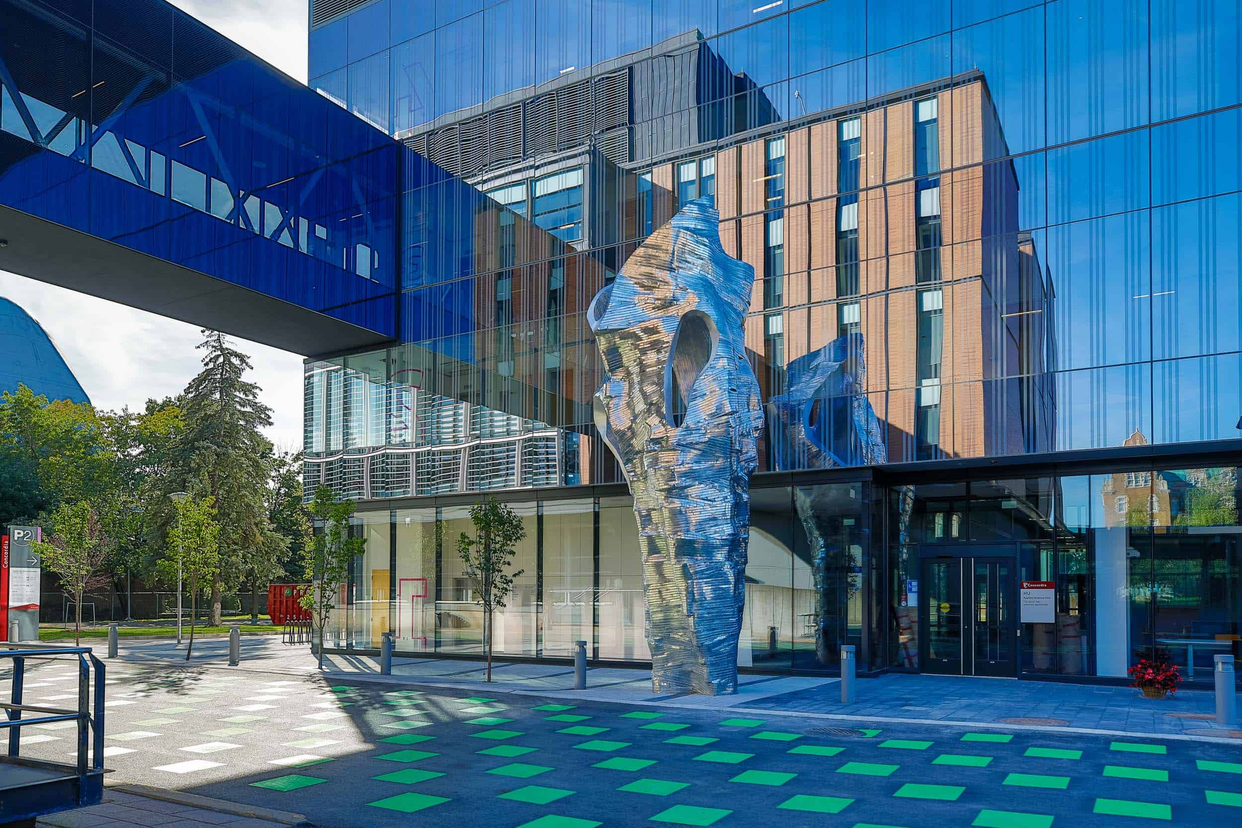 View of Concordia University's new Applied Science Hub building featuring a 20 foot aluminum public art sculpture by Quebec artist Marc-Antoine Côté View of Concordia University's new Applied Science Hub building featuring a 20 foot aluminum public art sculpture by Quebec artist Marc-Antoine Côté