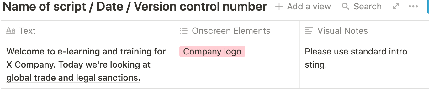 Sample script table format