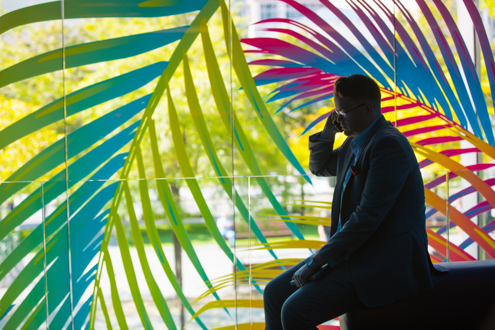 CREDIT Julian Haber-094A0584-20170913 Silhouette of man on phone at a conference against backdrop of colourful oversized fronds.