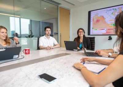 Julian Haber captures a team of employees collaborating in a meeting room at Fednav Montreal, illustrating a relaxed and approachable employer brand.